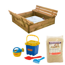 Nordic Play SANDKASSE MED BÆNK OG LÅG 120X120CM TRYKIMPRÆGNERET INKL 240 KG SAND OG BLÅT STRANDSÆT