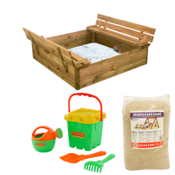 Nordic Play SANDKASSE MED BÆNK OG LÅG 120X120CM TRYKIMPRÆGNERET INKL 240 KG SAND OG GRØN STRANDSÆT