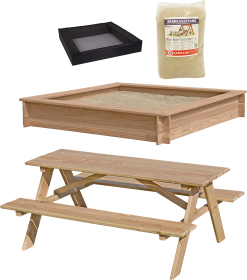 Nordic Play SANDKASSE OG BORDBÆNKSÆT TIL BØRN INKL NET OG 200KG SAND